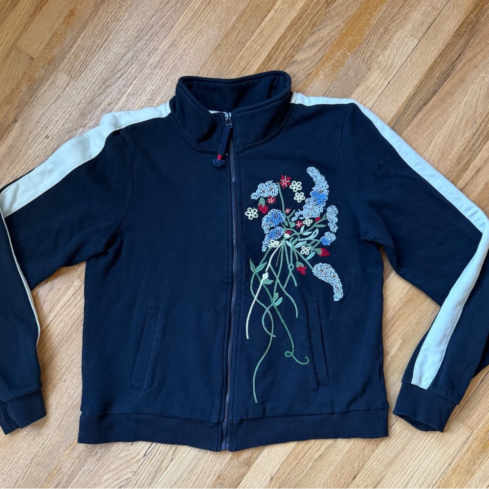 Anthropologie Navy and White Sweatshirt with Graphic Design